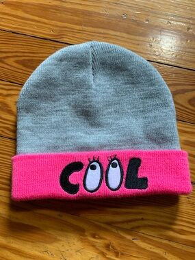 Kids 'COOL' Embroidered Two-Tone Beanie Hat — Gray and Hot Pink